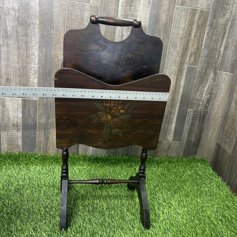 1930s Art Deco Dark Wood Magazine Rack Stand Floral Motif Vintage